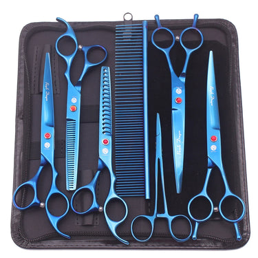 Ensemble de Ciseaux de Toilettage pour Animaux de Compagnie Premium de 7 Pièces avec Étui - Bleu - Plumzi